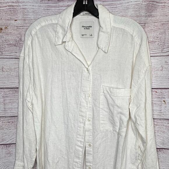 Abercrombie & Fitch White Oversized Button Down Linen Blend Shirt Size Small - Picture 7 of 9